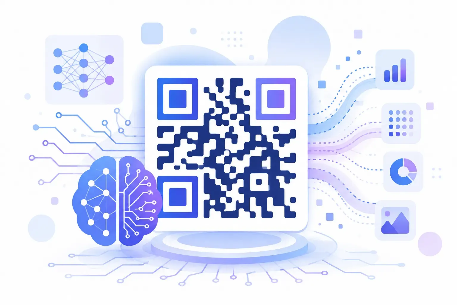 AI-generated artistic QR code blending scannable modules into an illustrated scene, representing how AI QR codes merge art with function