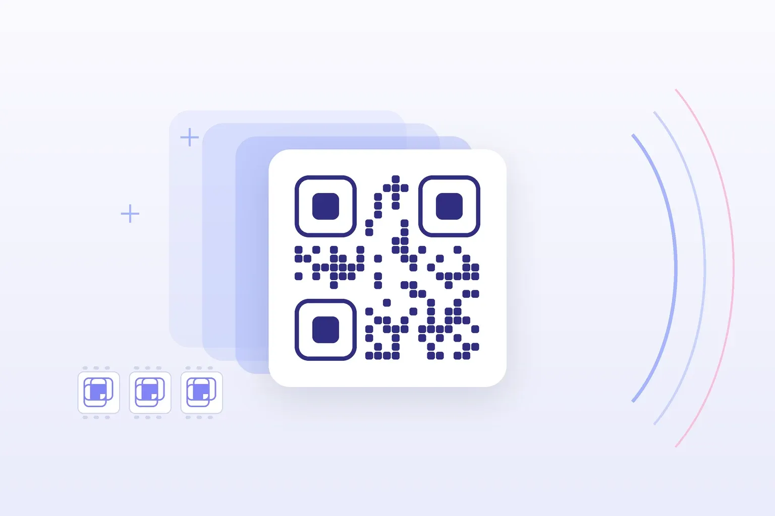 An animated qr code design — a static QR code on a clean card surrounded by moving pastel shapes and motion trails