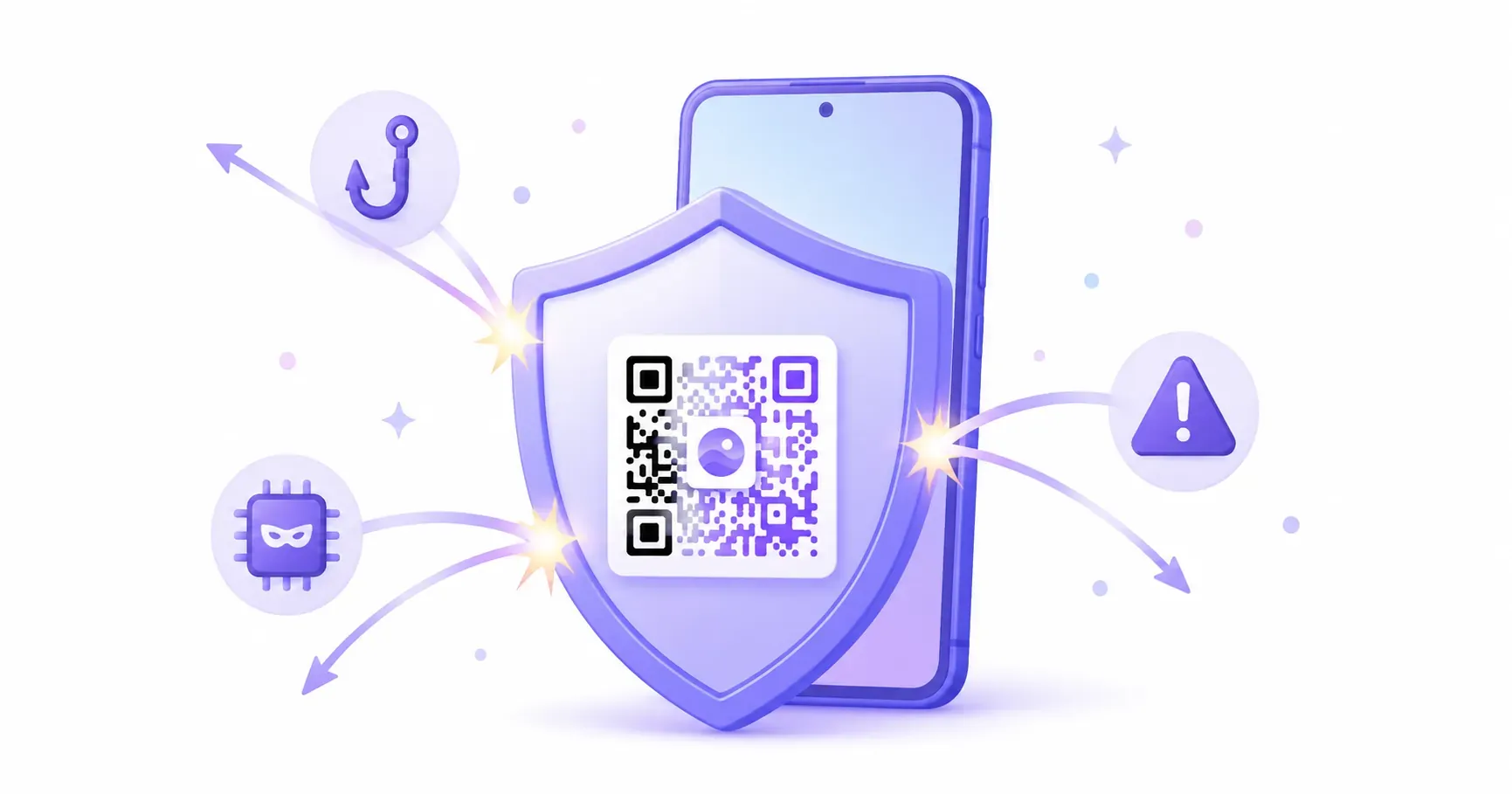 Shield protecting a phone from scam icons, answering whether QR codes are safe