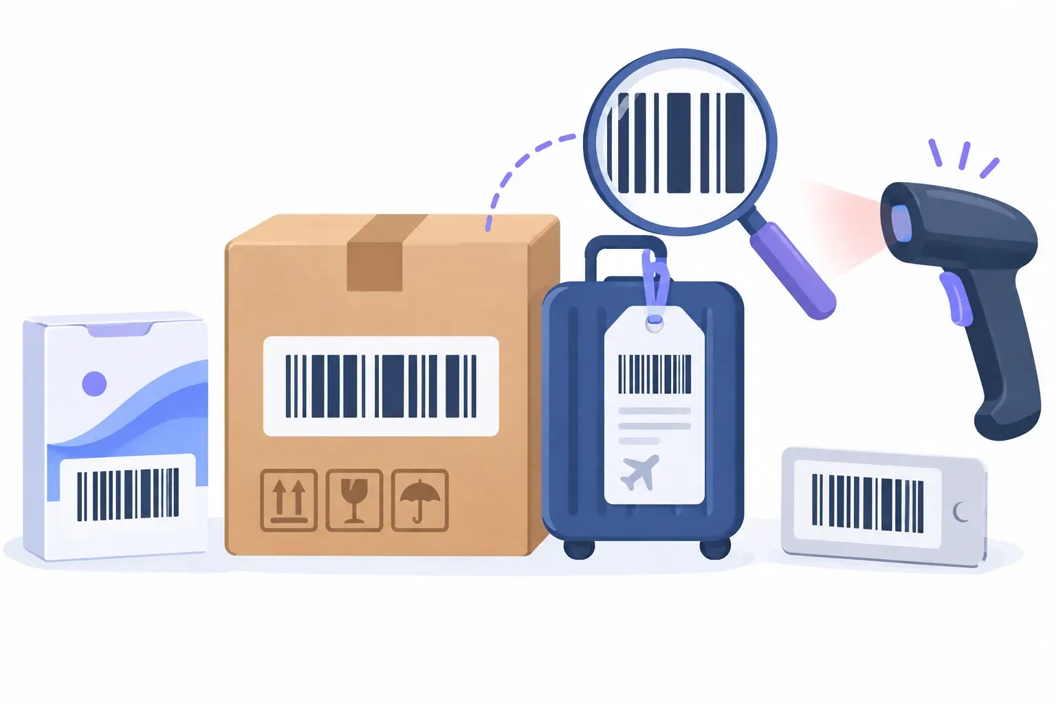 Barcode types explained: several linear barcode formats side by side on a product box, a shipping carton and an asset tag