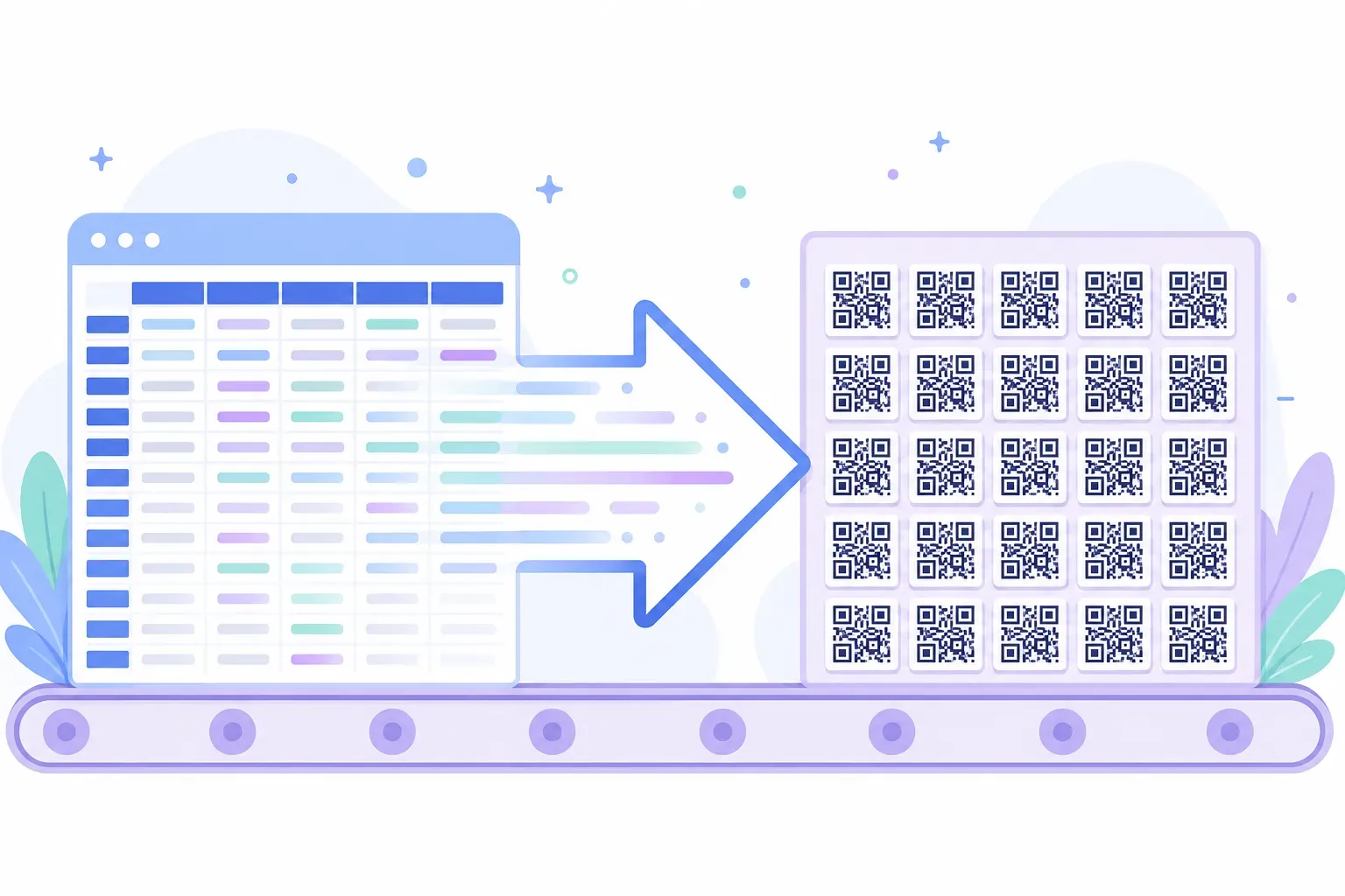 Spreadsheet rows of URLs being converted into a grid of QR codes by a bulk QR code generator workflow