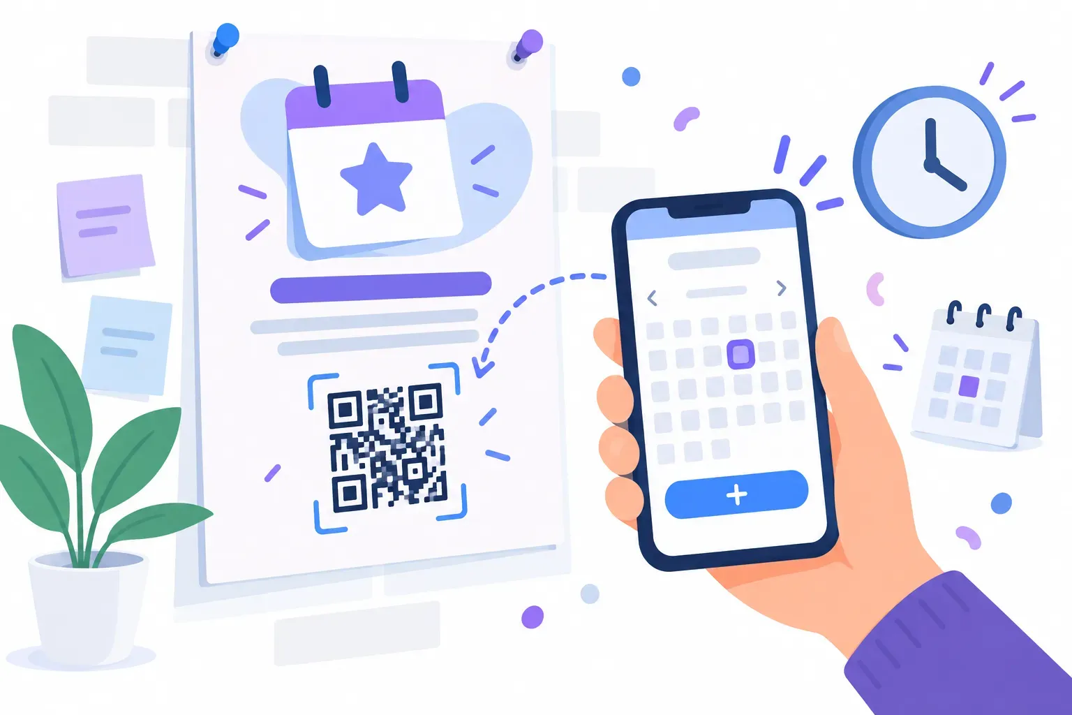 Event QR code on a save-the-date poster being scanned by a phone that shows a calendar entry ready to add