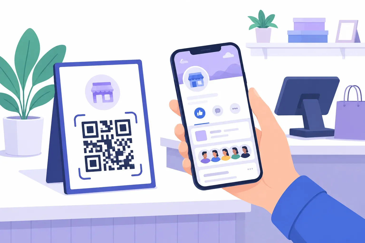 A phone scanning a QR code for Facebook on a store counter, opening a business Page in the Facebook app