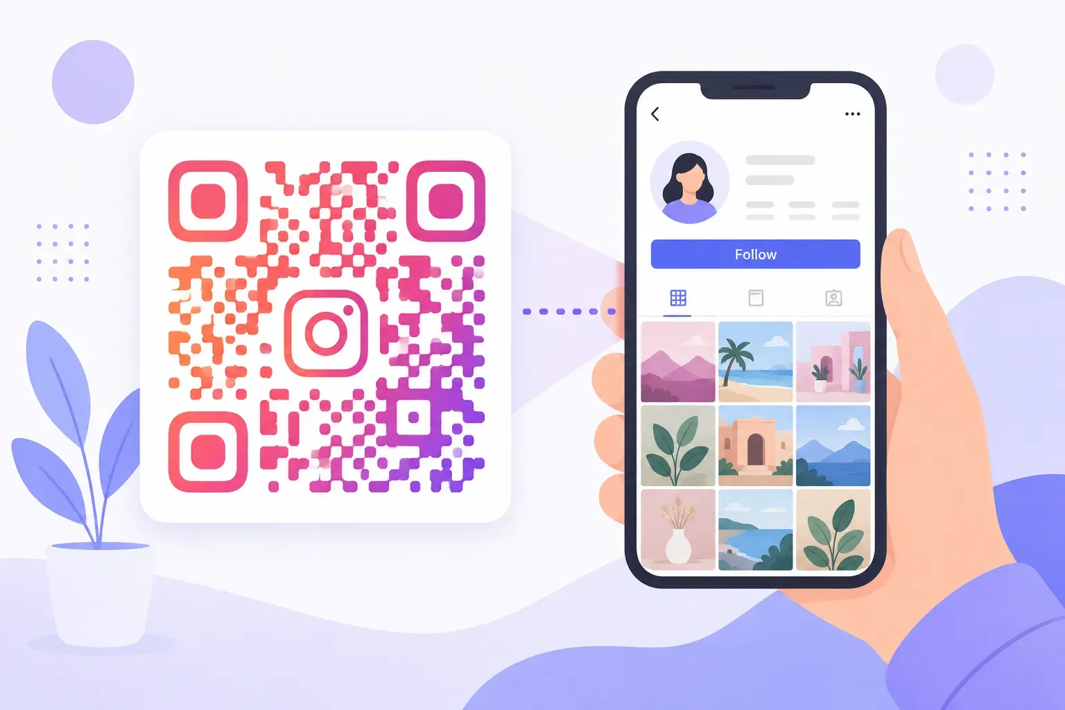 A custom QR code with Instagram-style colors being scanned by a phone showing an Instagram profile page