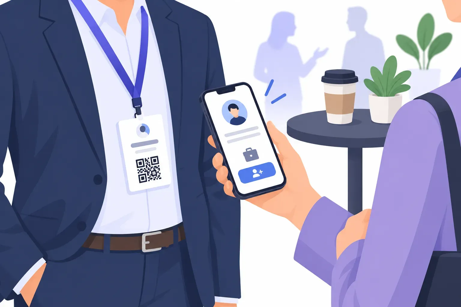Two professionals at a conference, one scanning a LinkedIn QR code on the other's name badge to open a profile