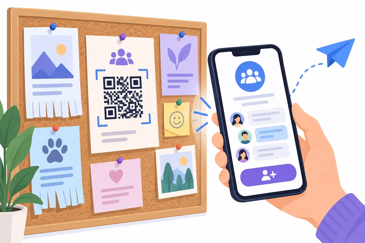 A phone scanning a Telegram QR code on a community notice board and opening a channel to join