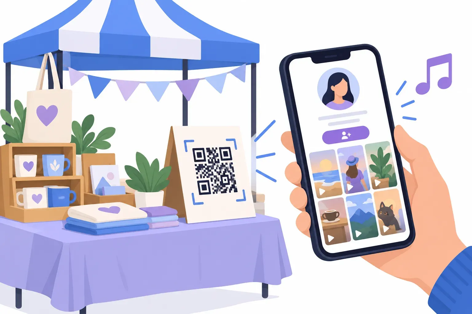 A phone scanning a TikTok QR code on a pop-up market stall sign and opening a creator profile