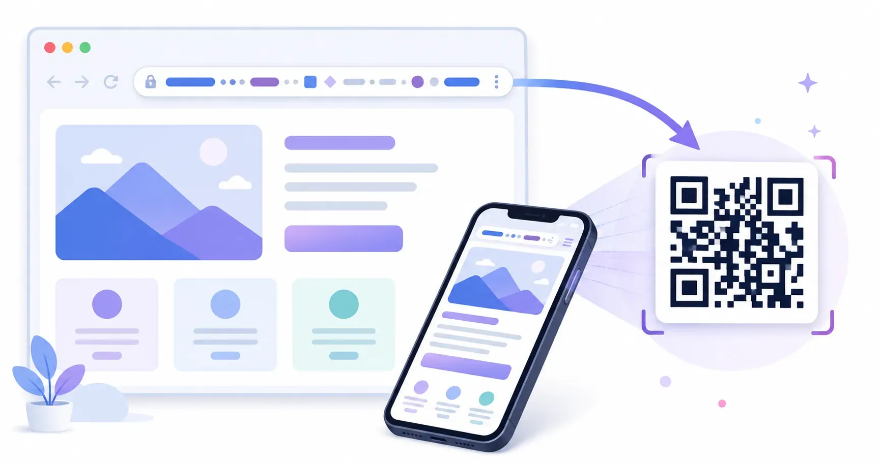 Browser link transforming into a QR code for a URL that a phone scans to open the page