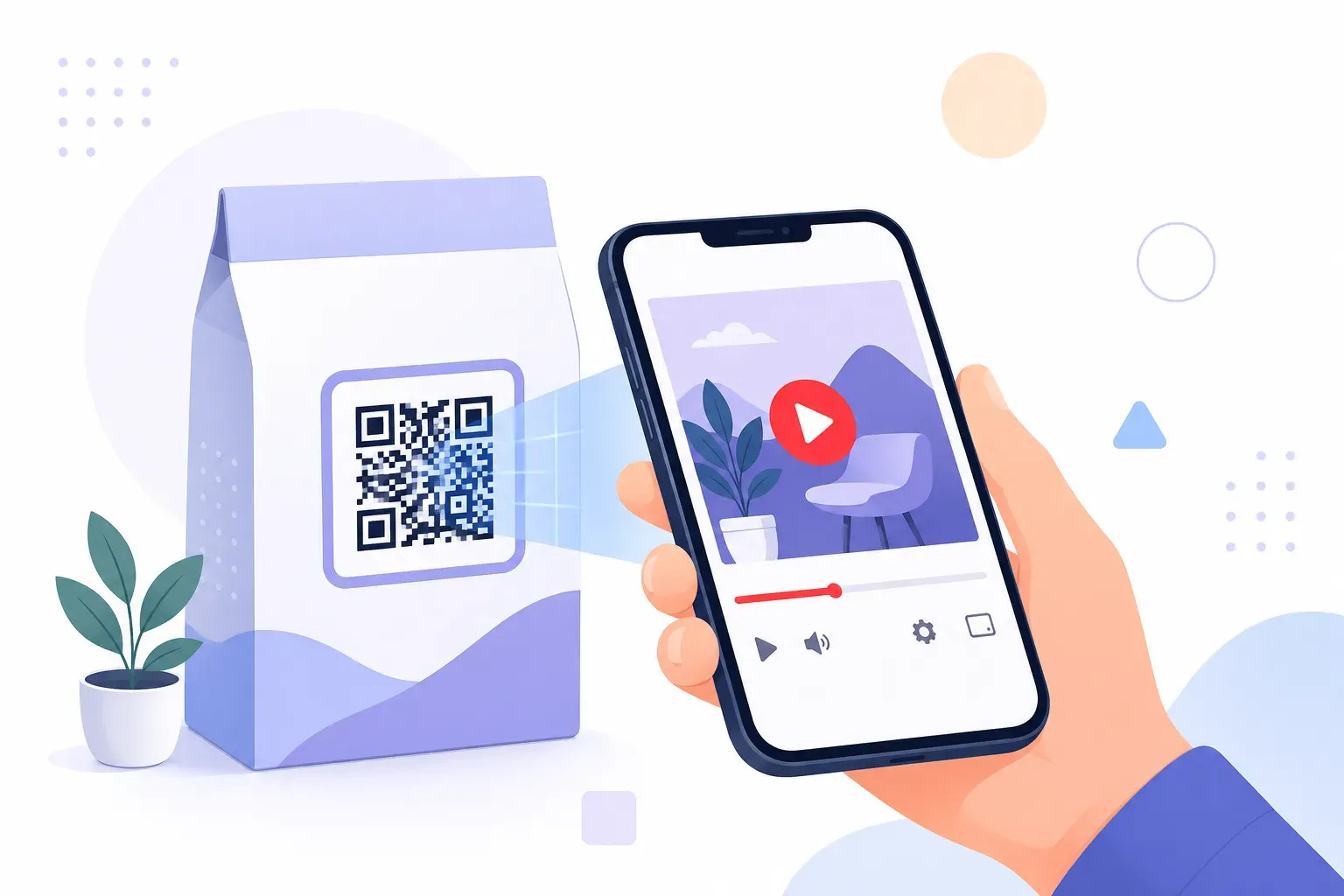 A smartphone scanning a qr code on product packaging and playing a youtube how-to video — illustrating qr code for youtube