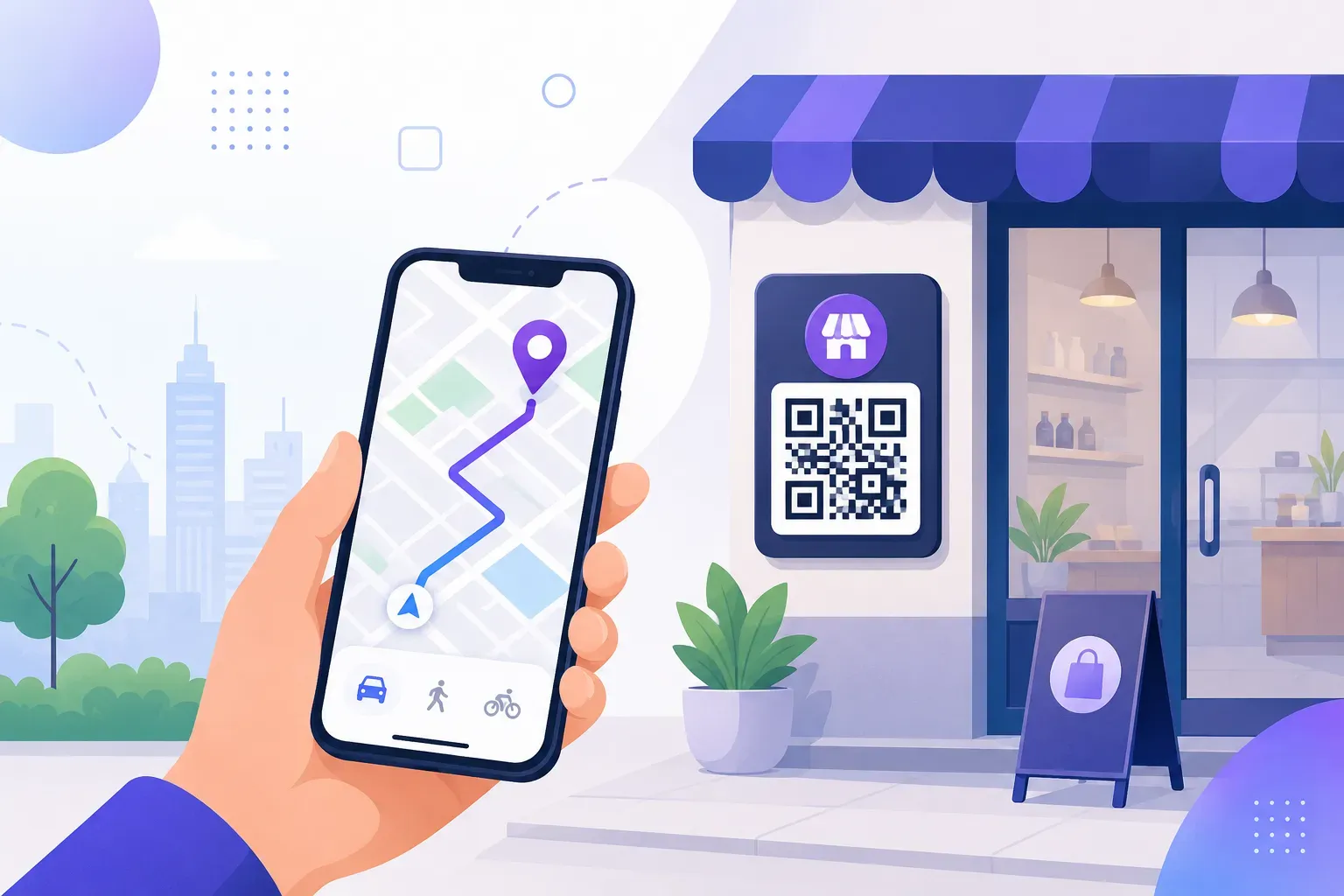 A smartphone scanning a qr code on a storefront sign and showing google maps with directions to the business — illustrating qr code for google maps