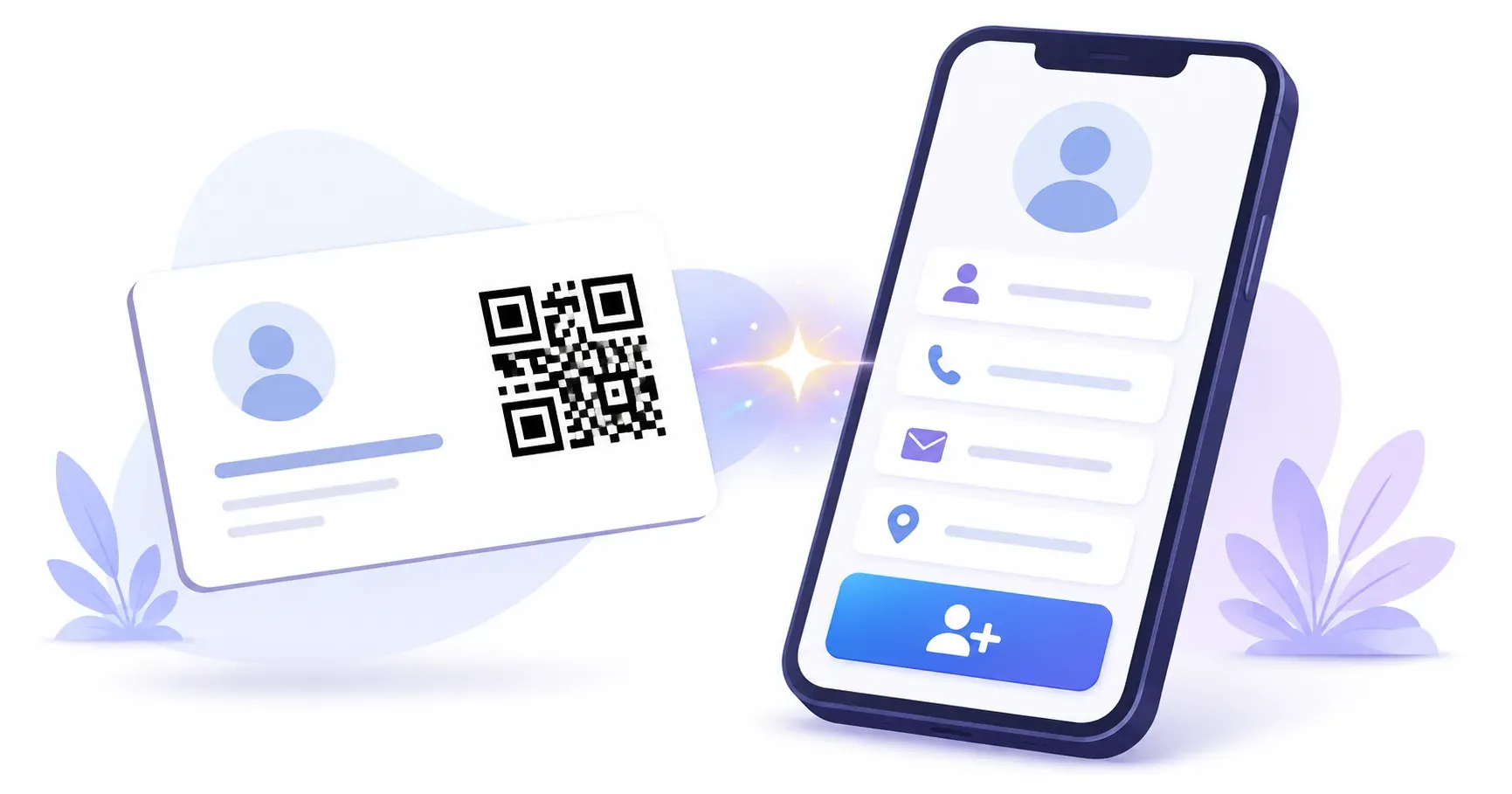 Business card with a vCard QR code being scanned into a phone's contact screen