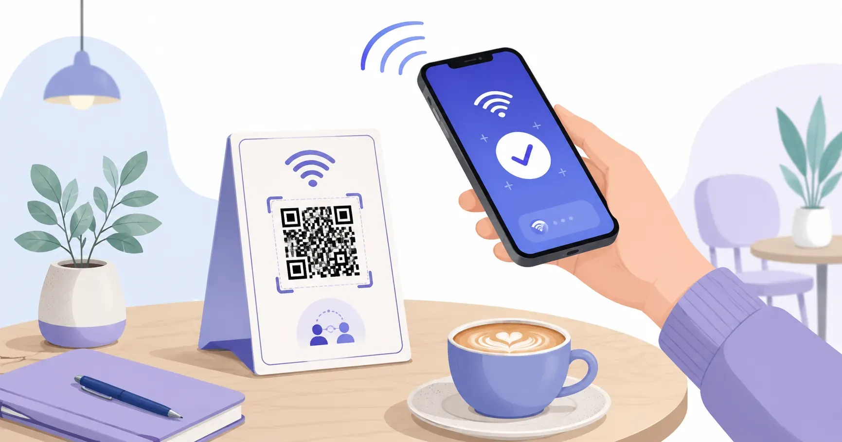 Phone scanning a WiFi QR code on a café table card and connecting instantly
