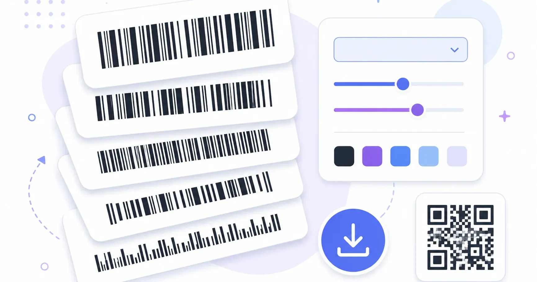 A barcode generator studio showing several linear barcode formats, format and colour controls, and a download button