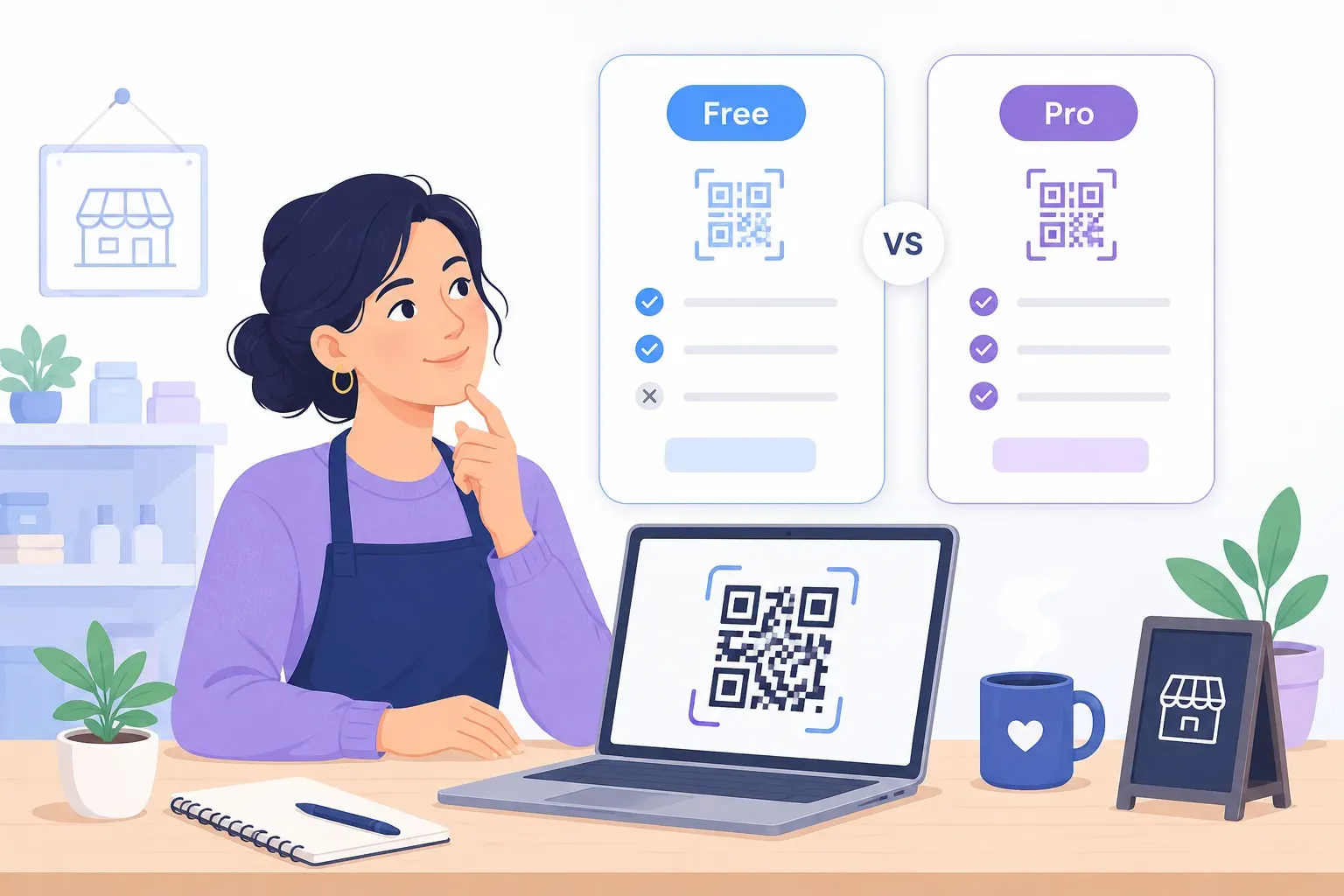 Business owner at a laptop weighing free versus paid QR code generator options for their business