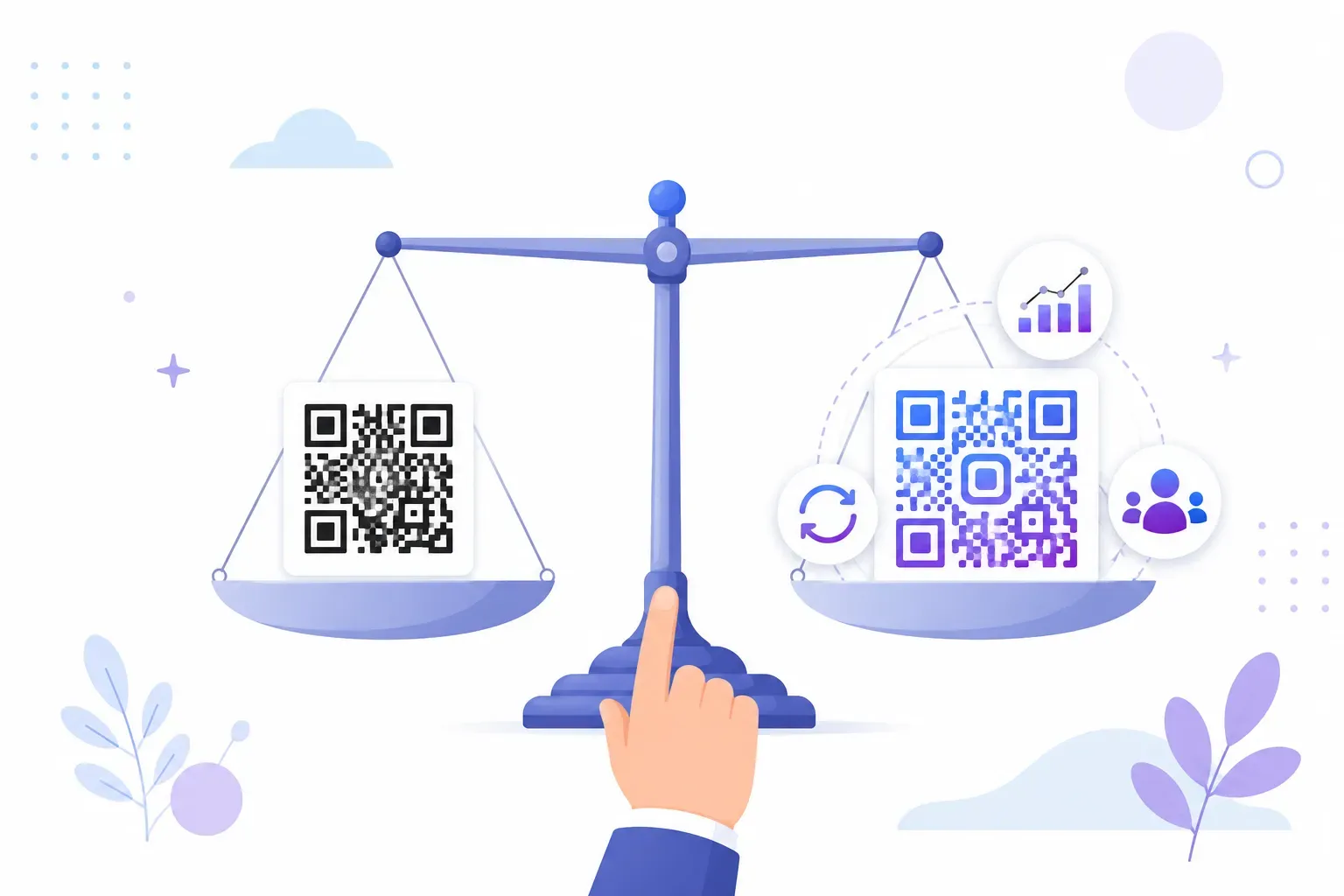 Split-screen comparing a free vs paid QR code generator: simple static code beside a paid analytics dashboard