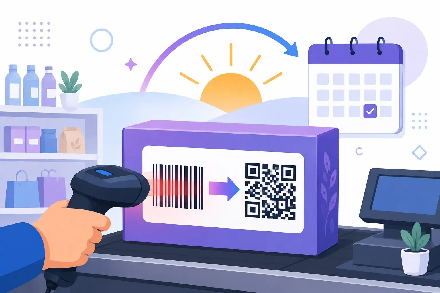 Retail checkout scanning a GS1 Sunrise 2027 QR code printed next to a traditional barcode on product packaging