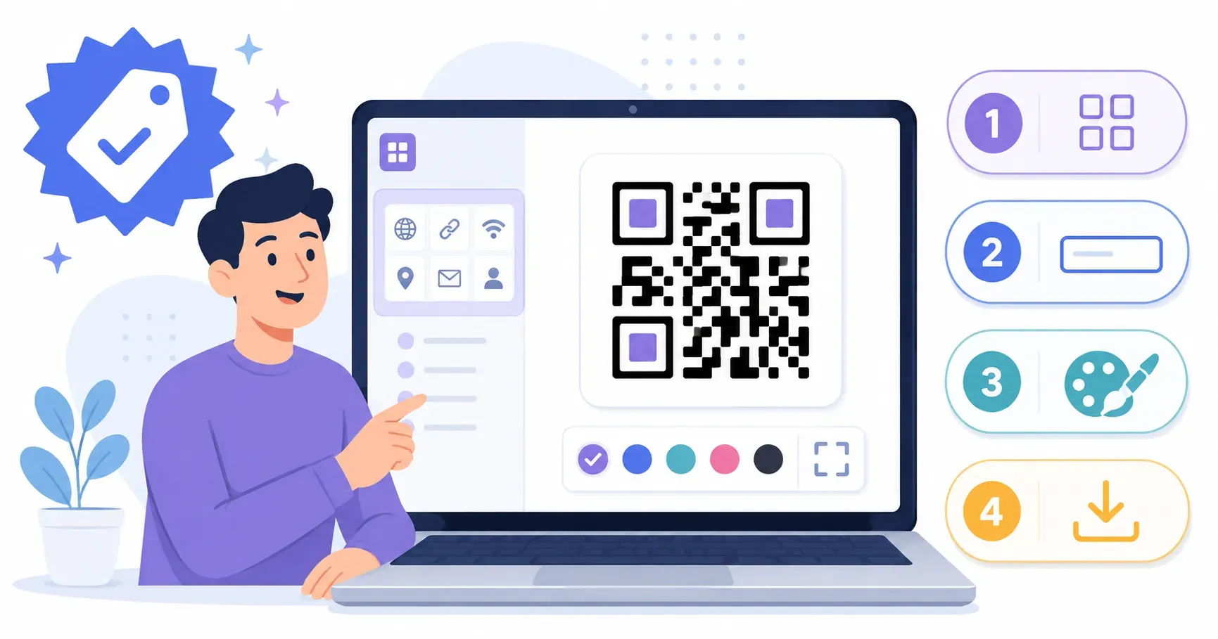 Four-step flow on a laptop showing how to create a QR code for free, from type choice to download