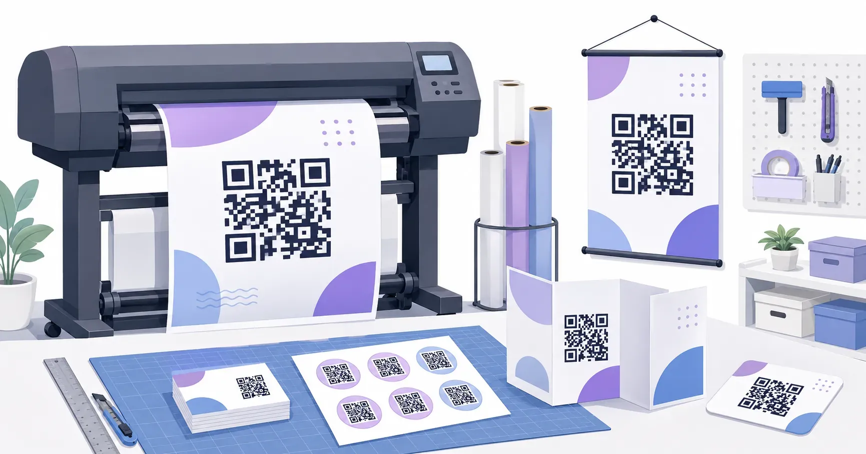 Print shop producing materials that print QR codes across posters, cards, and stickers