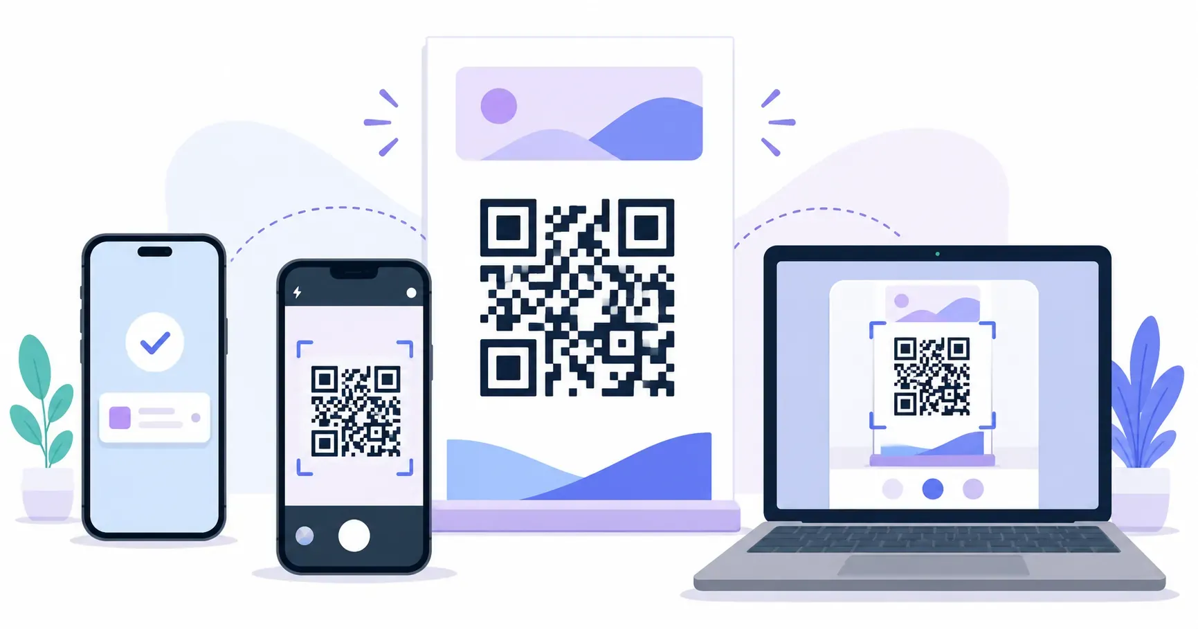 iPhone, Android, and laptop each showing how to scan a QR code from one poster