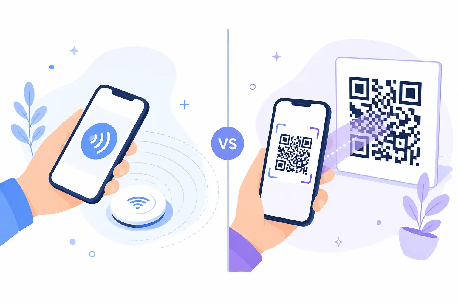 Split scene comparing NFC vs QR code — a hand tapping an NFC card next to a phone scanning a QR code