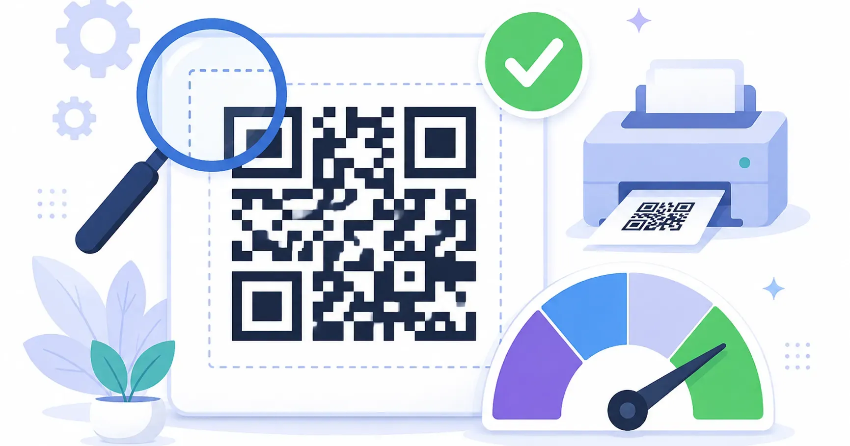 A QR code being checked before printing with a magnifier over its quiet zone, a green pass checkmark and a scannability quality gauge