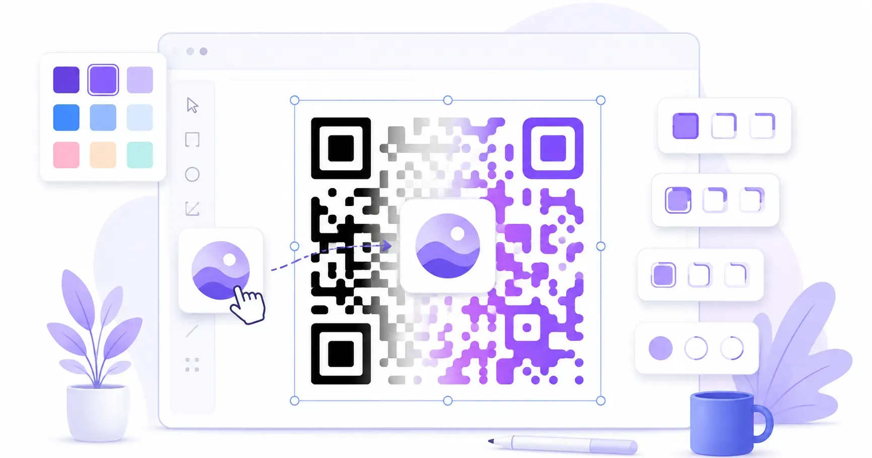 Custom QR code design in progress with color swatches, logo, and shape controls on an artboard