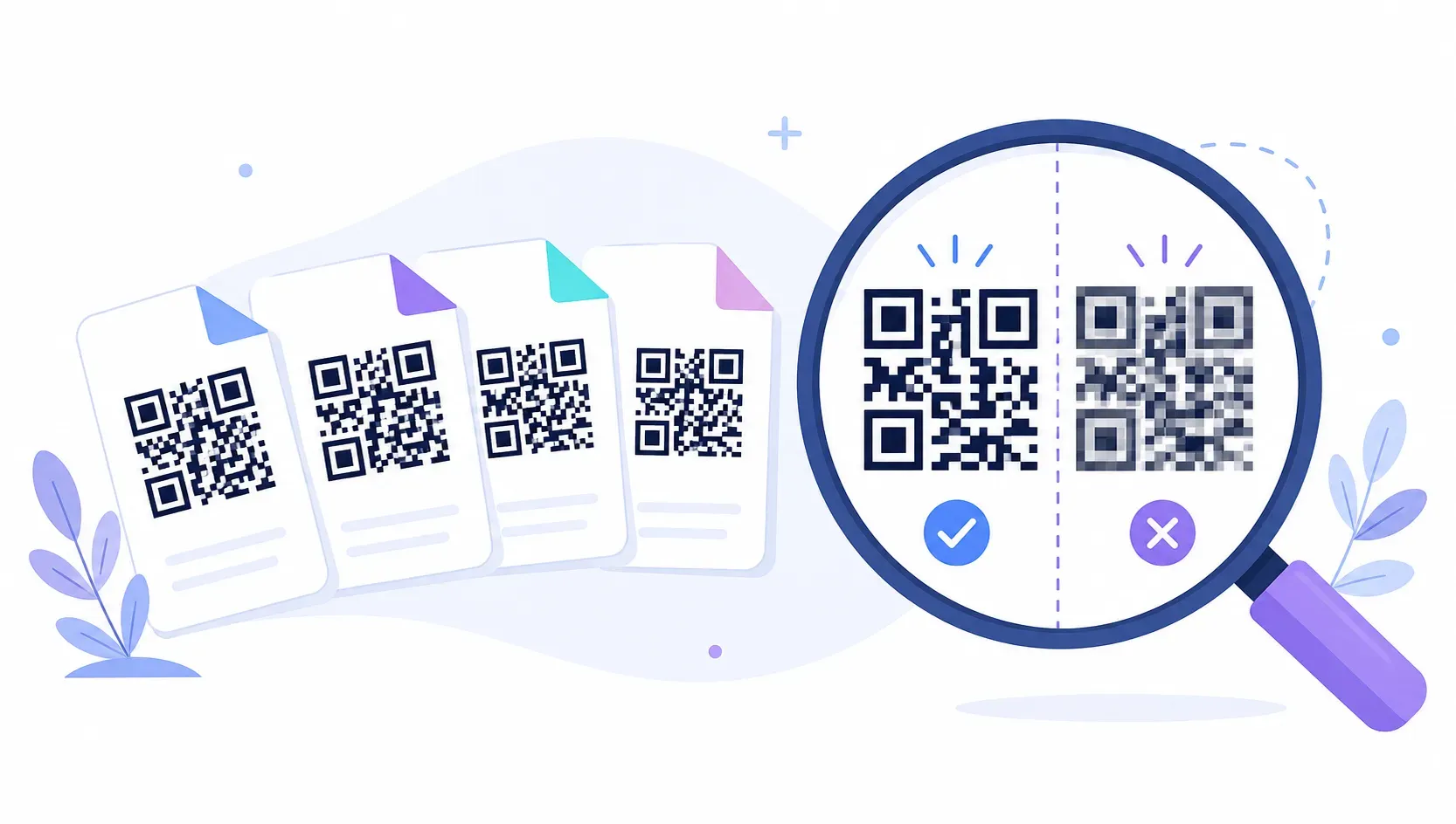 Four QR code file format icons side by side — PNG, SVG, PDF, and EPS — with print and screen use cases
