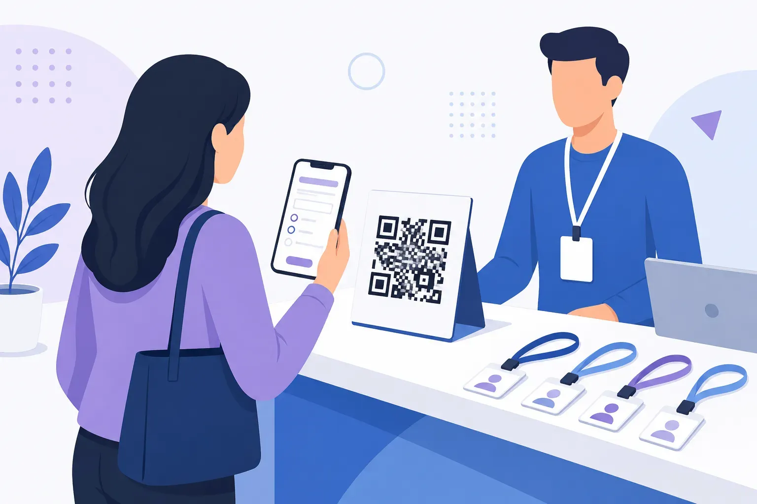 Visitor scanning a QR code for Google Form registration at an event check-in desk