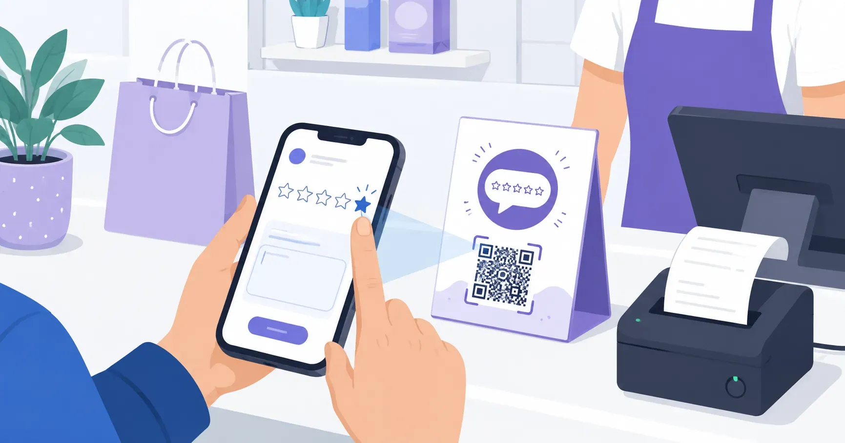 Customer scanning a QR code for Google reviews at checkout and opening the star rating sheet