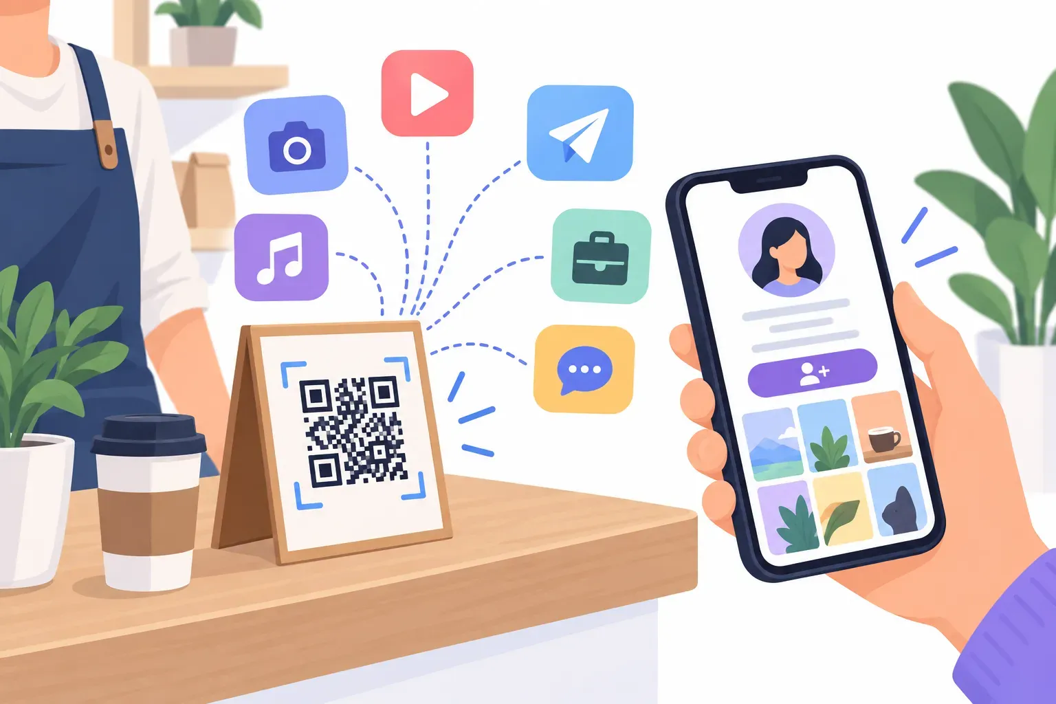 A QR code on a shop counter sign branching out to several social media profile screens on a phone
