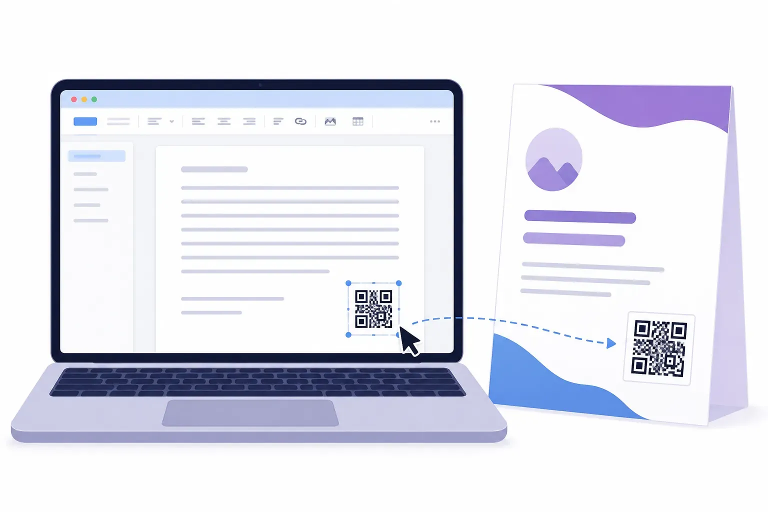 Inserting a QR code in Word on a laptop beside a printed flyer showing the finished code