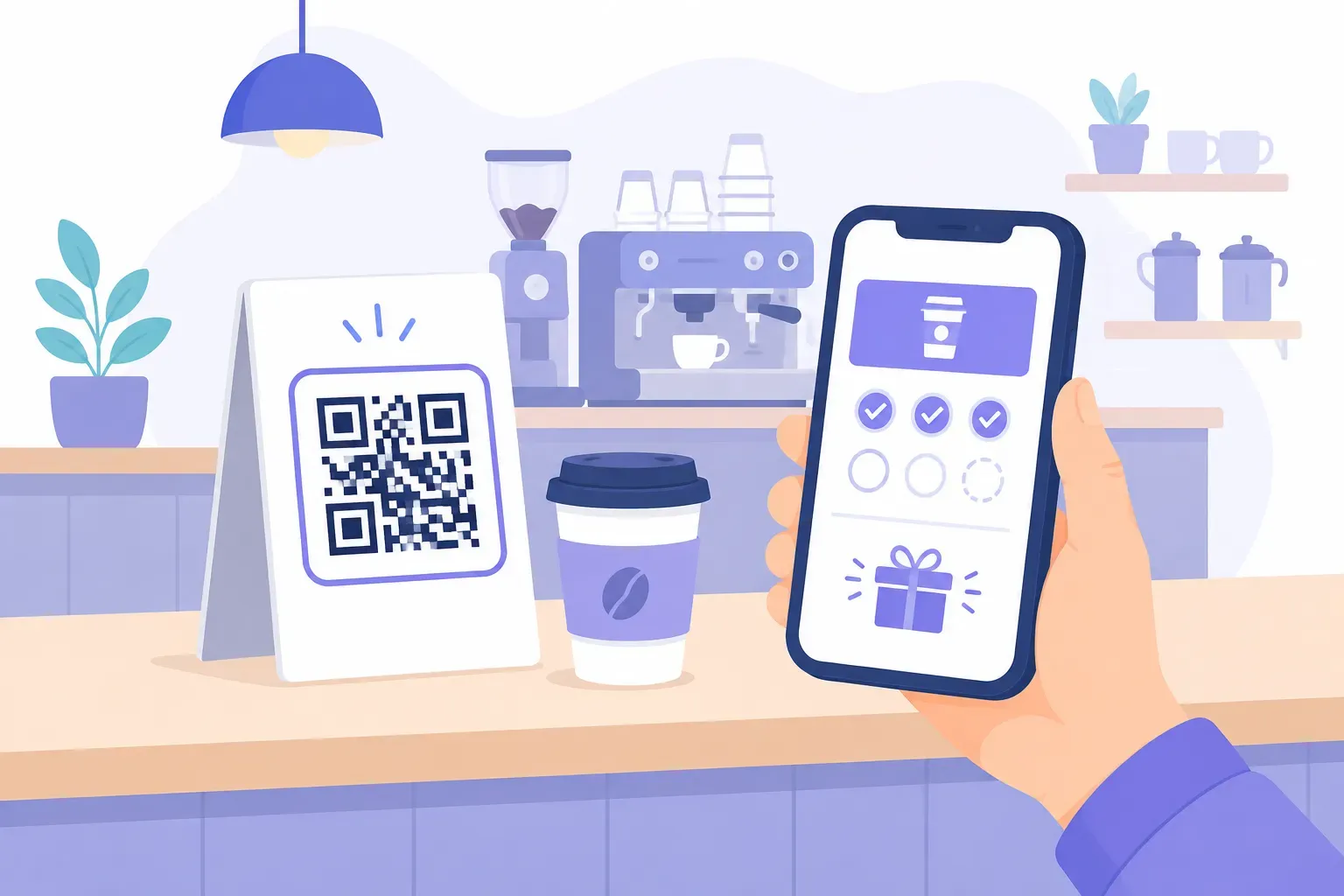 Customer scanning a QR code for a loyalty program at a cafe counter, phone showing a digital stamp card with 7 of 10 stamps