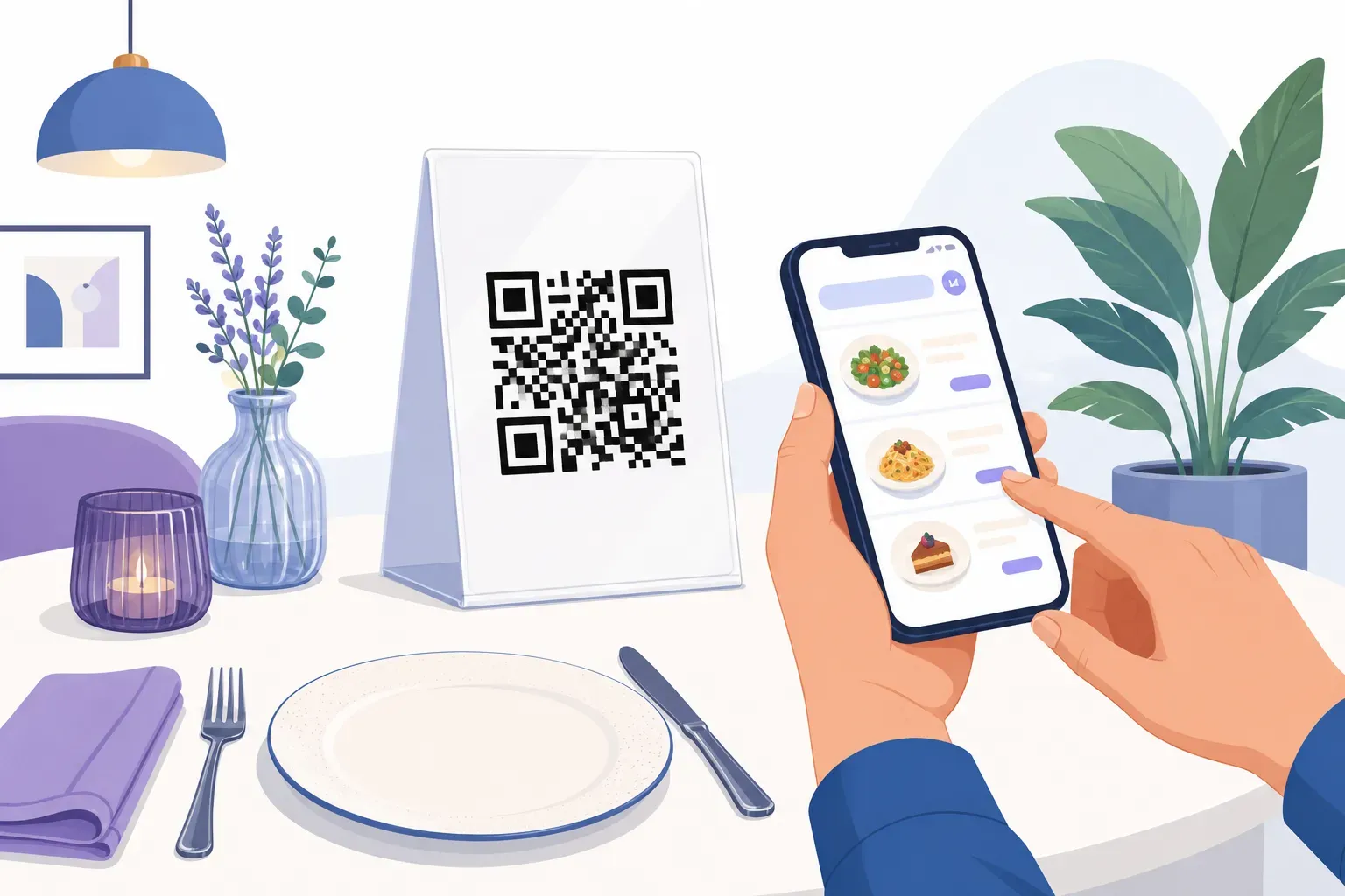 Diner scanning a QR code menu on a laminated table tent in a restaurant