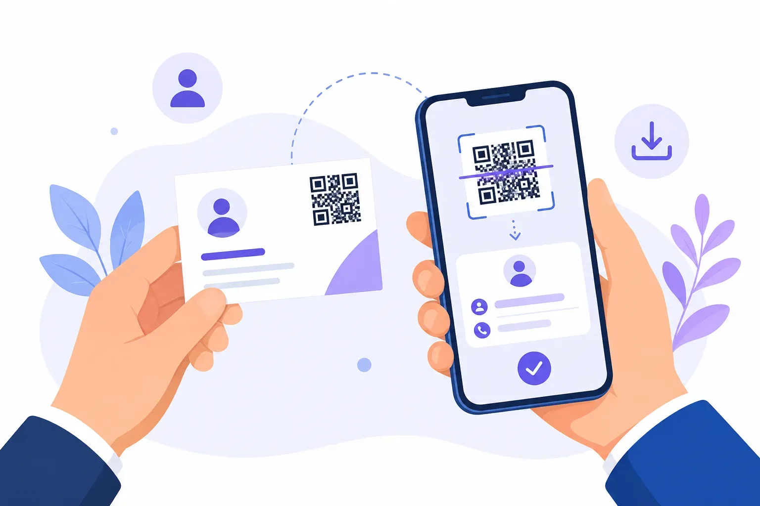 Smartphone scanning a QR code on business card to save contact details instantly