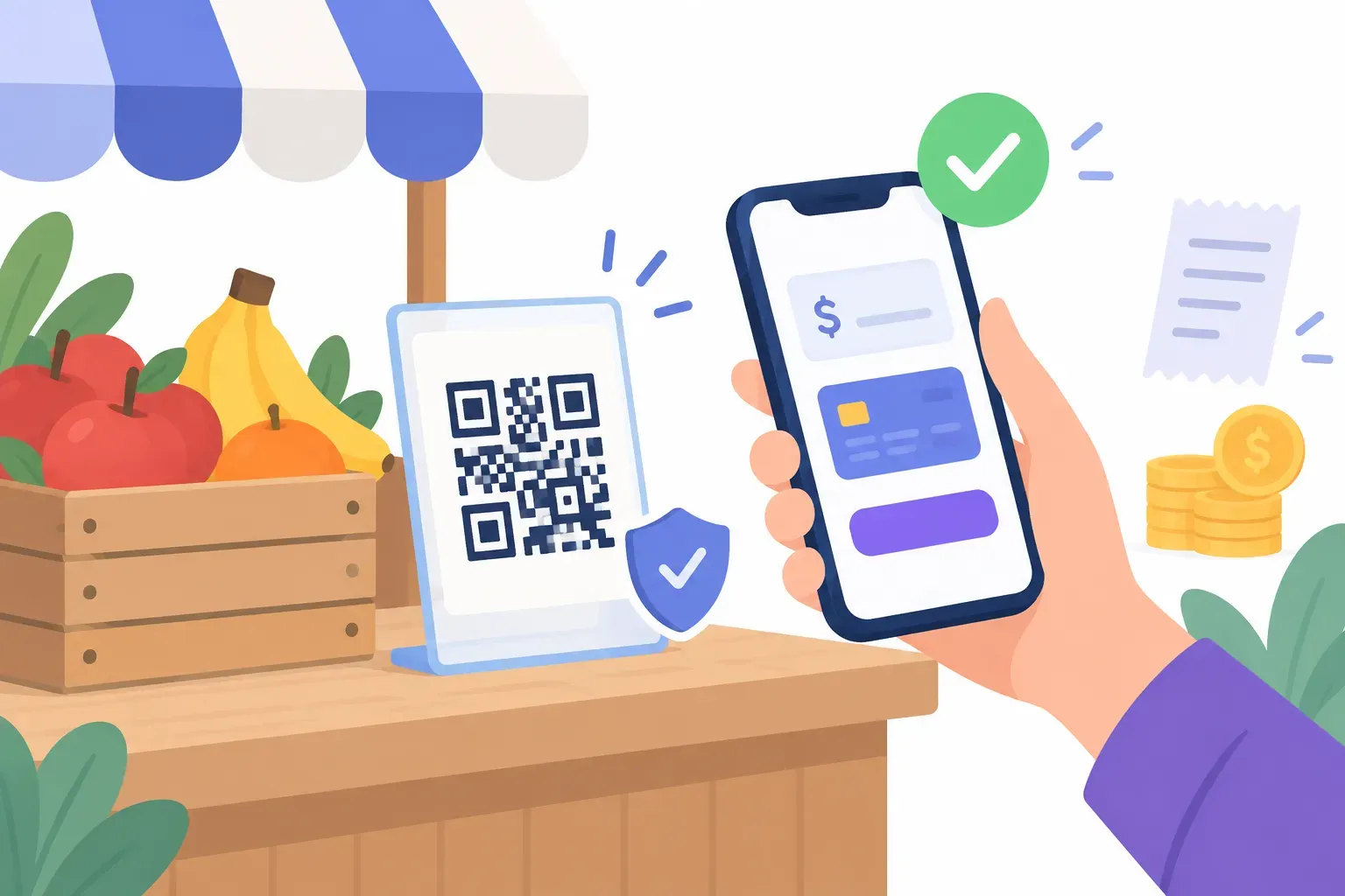 A customer scanning a QR code for payment at a market stall counter and paying on their phone