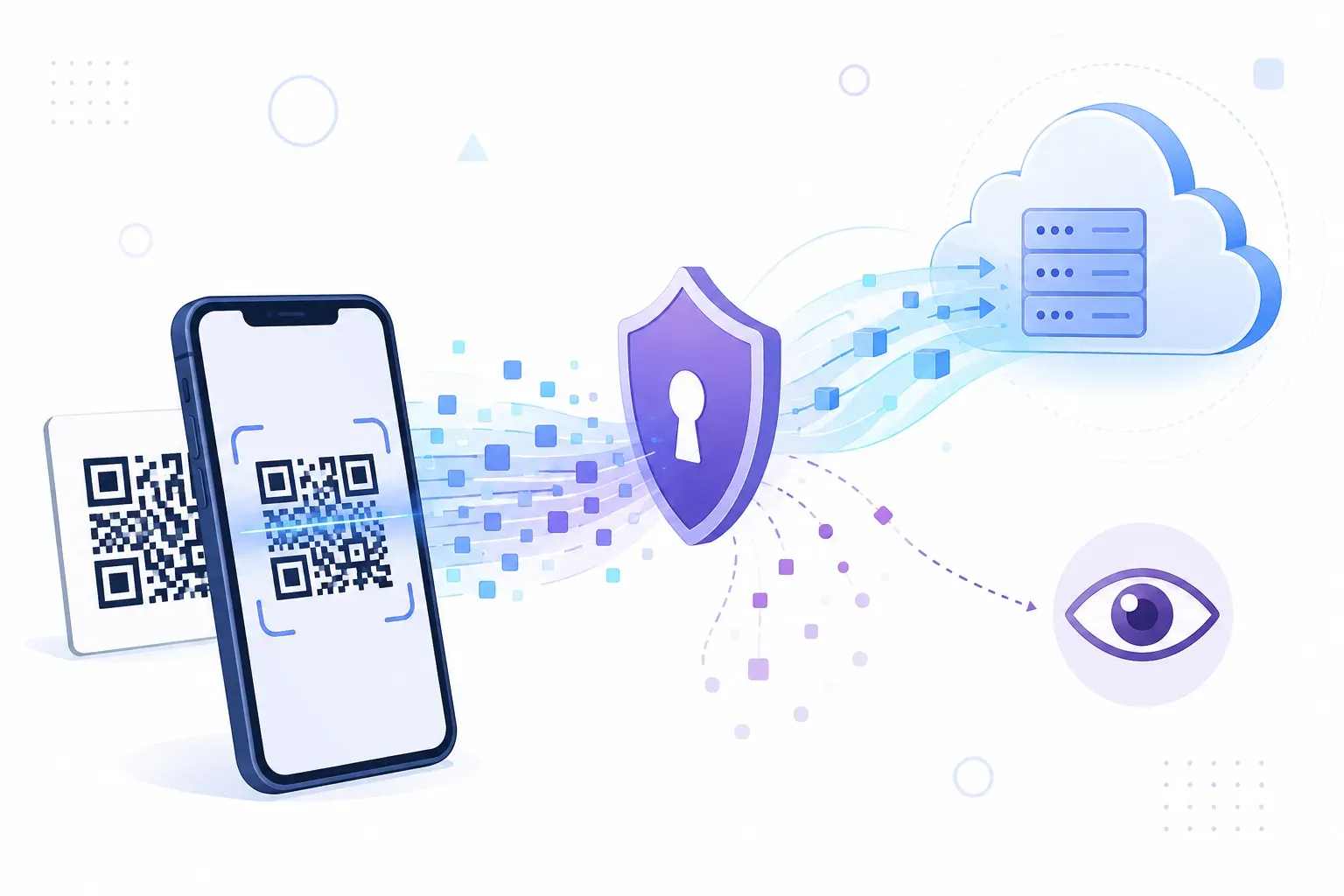 Smartphone scanning a QR code with icons showing what scan data flows to a tracking server
