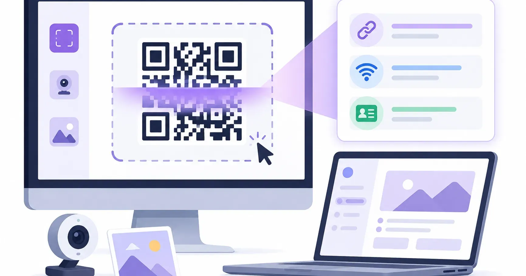 A desktop QR code reader decoding a QR code from an uploaded image, with the decoded link, Wi-Fi and contact result shown beside it