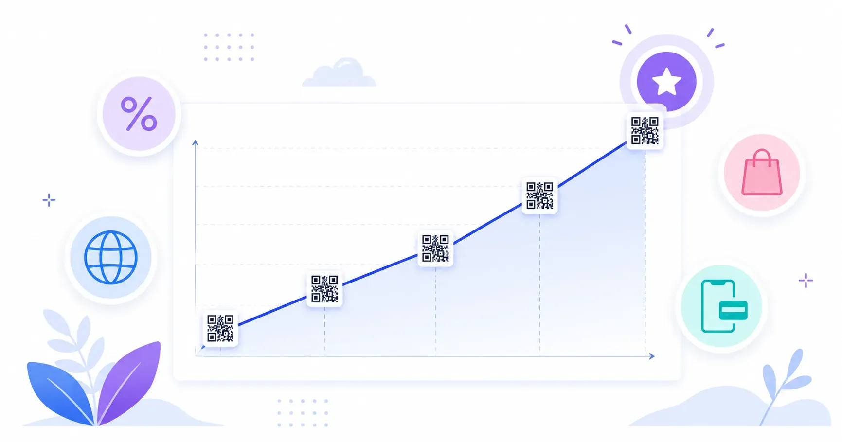 Rising chart of QR code statistics for 2026 with data points drawn as QR tiles