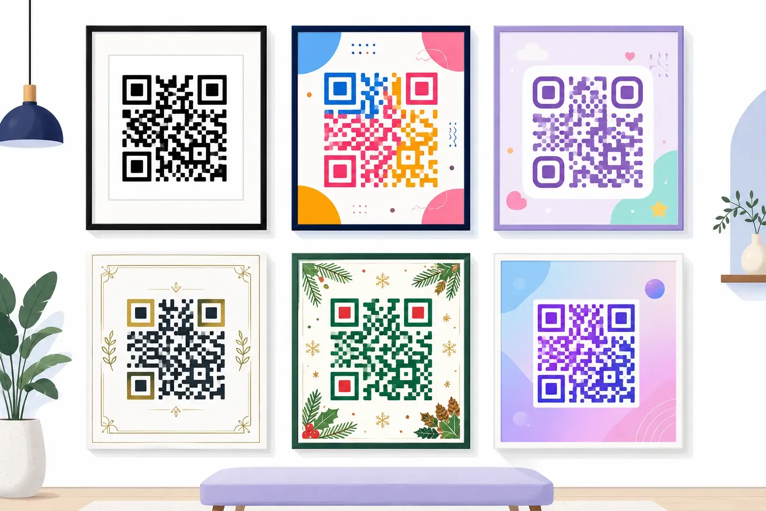 A gallery wall of six styled QR code designs — minimal, bold, seasonal, elegant, and playful — illustrating QR code templates