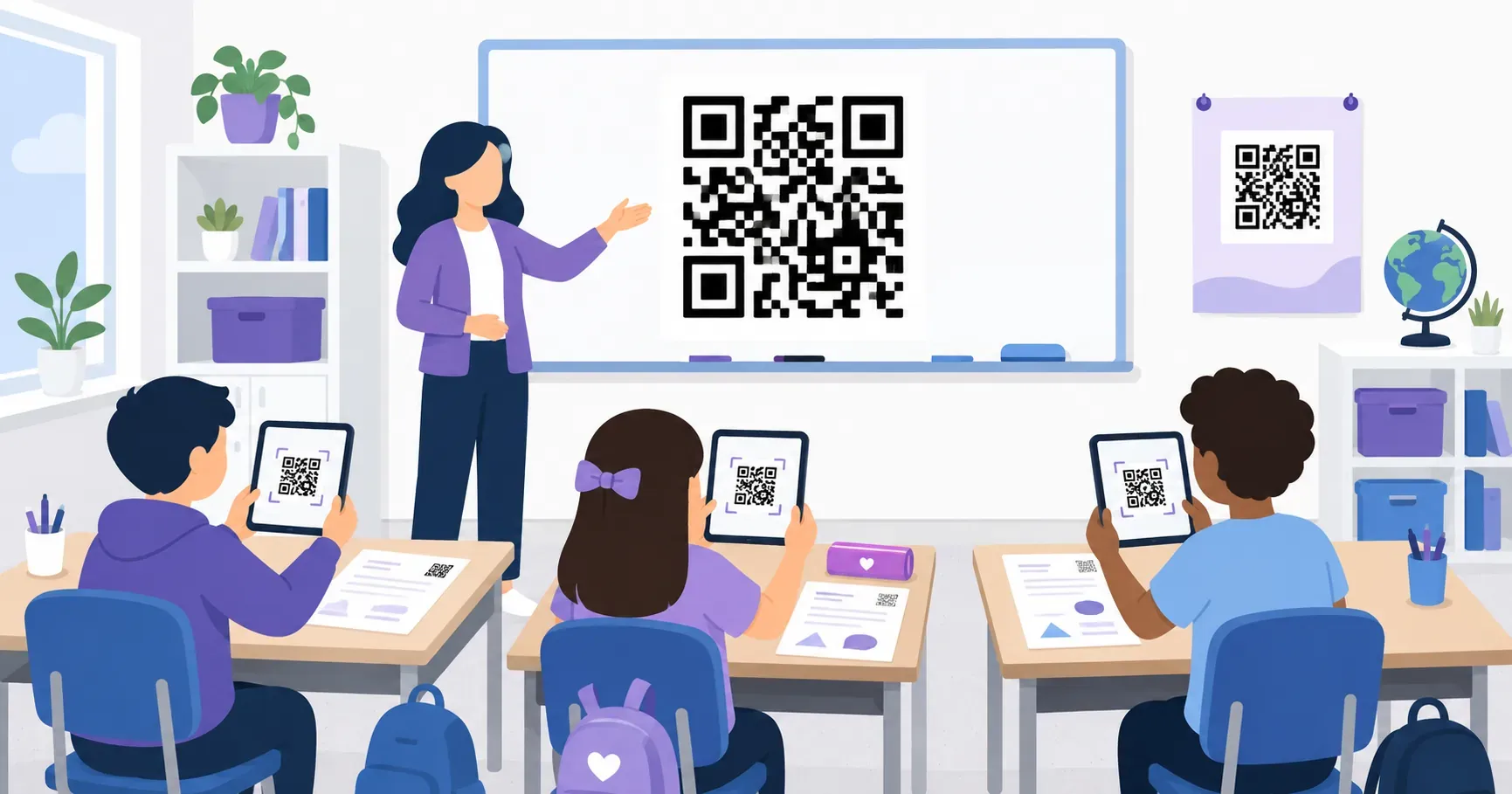 Classroom using QR codes in education, with students scanning tablets and coded worksheets
