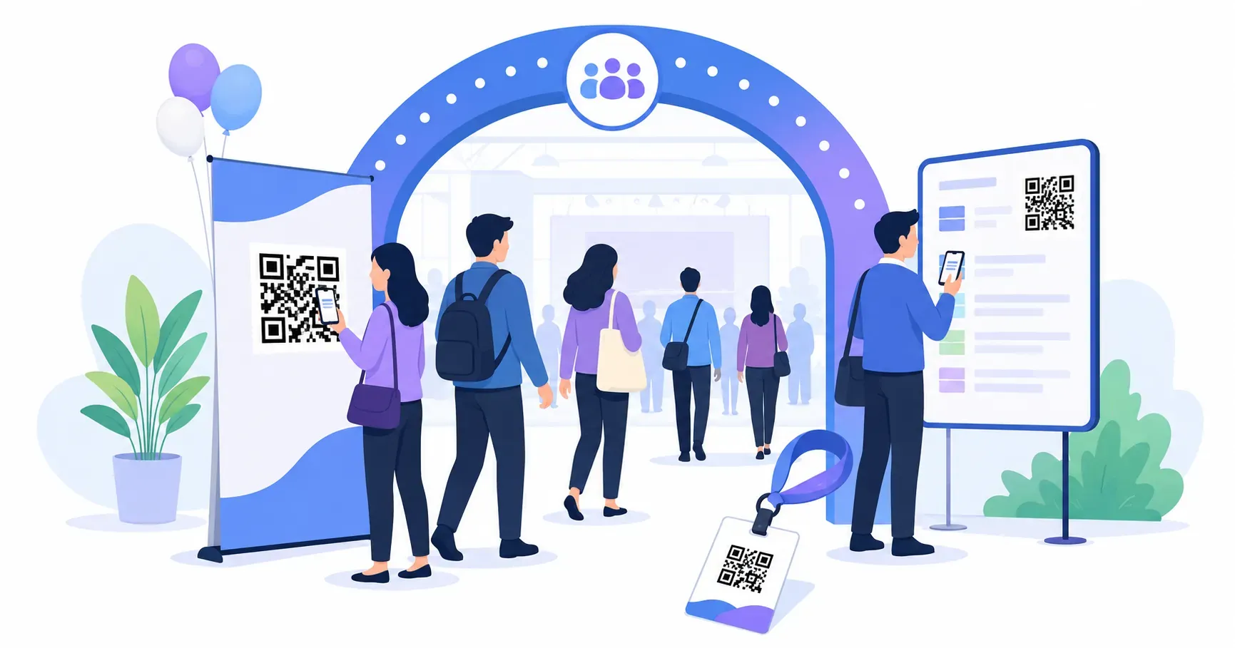 Conference entrance using QR codes for events at the check-in banner and badges