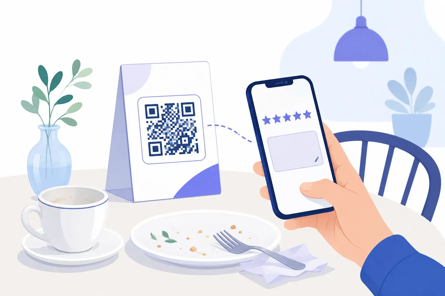Customer scanning a QR code for survey feedback on a table tent right after their meal