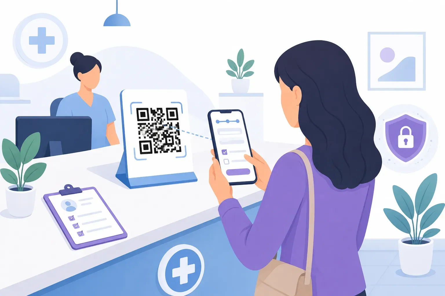 Patient in a clinic waiting room scanning QR codes for healthcare intake forms from a standing sign