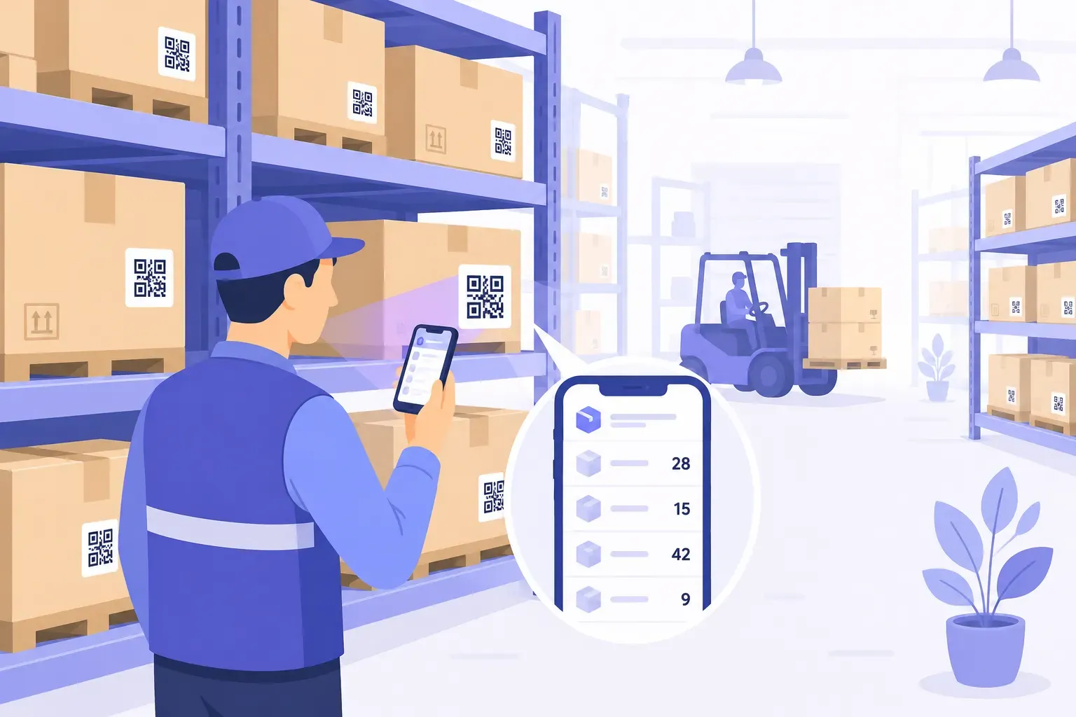 Warehouse worker scanning a QR code for inventory management on a shelf label with a smartphone