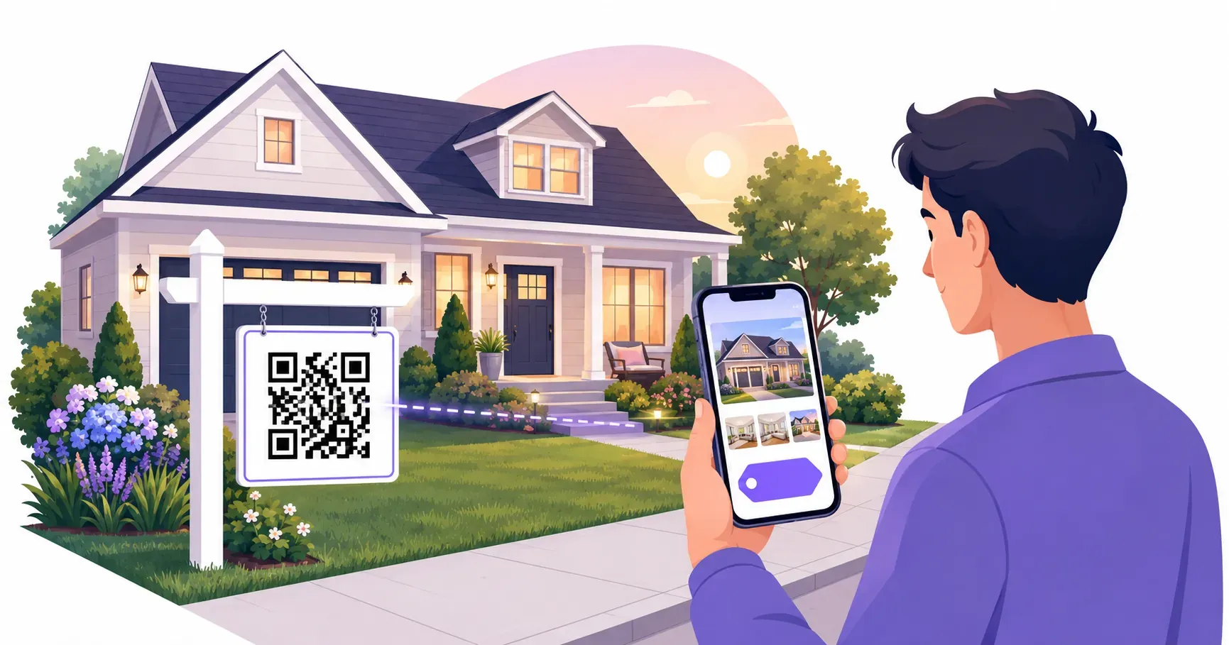 Buyer scanning one of the QR codes for real estate on a for-sale yard sign to open the listing
