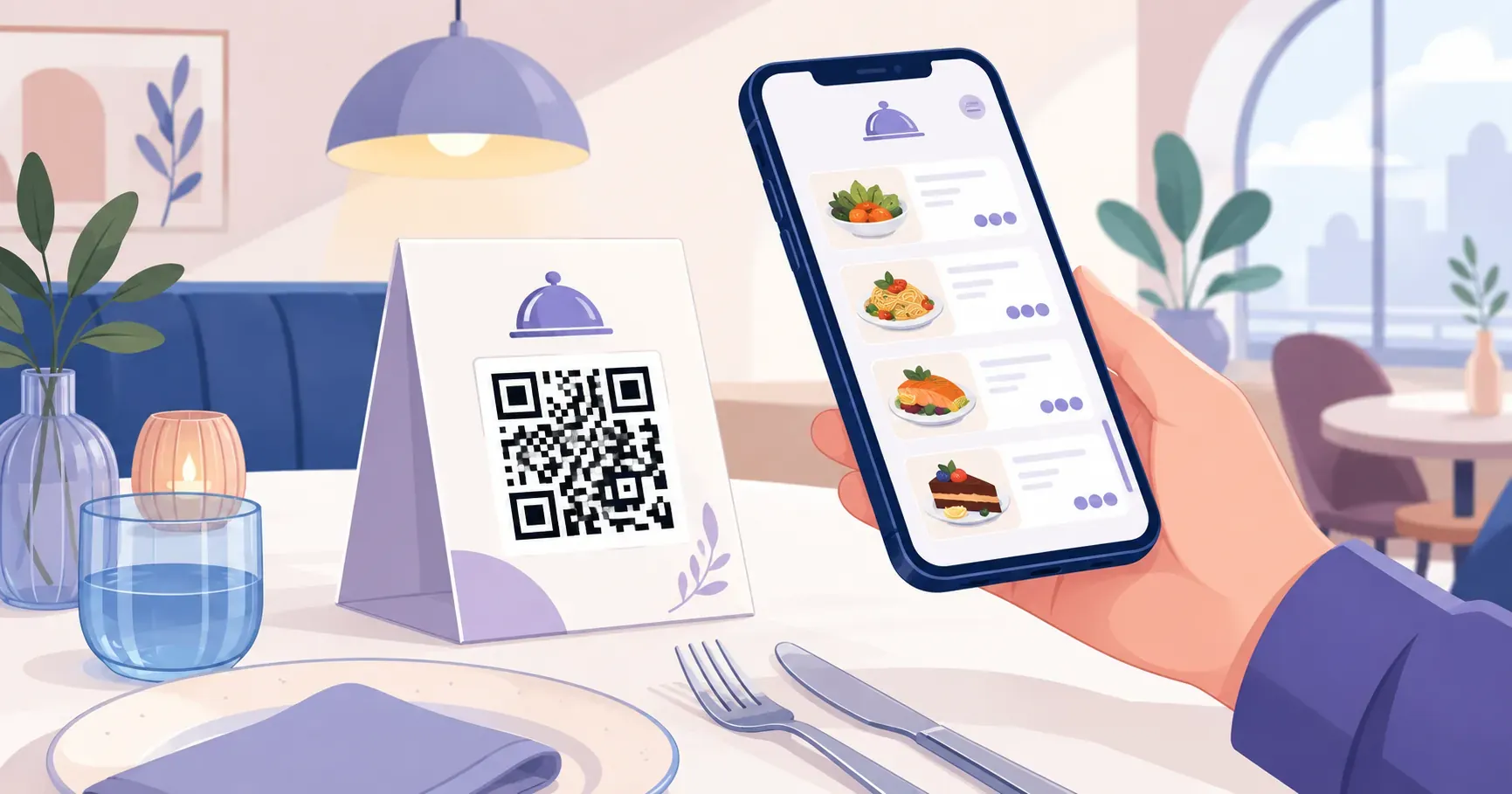 Diner opening a digital menu from one of the QR codes for restaurants on a table tent