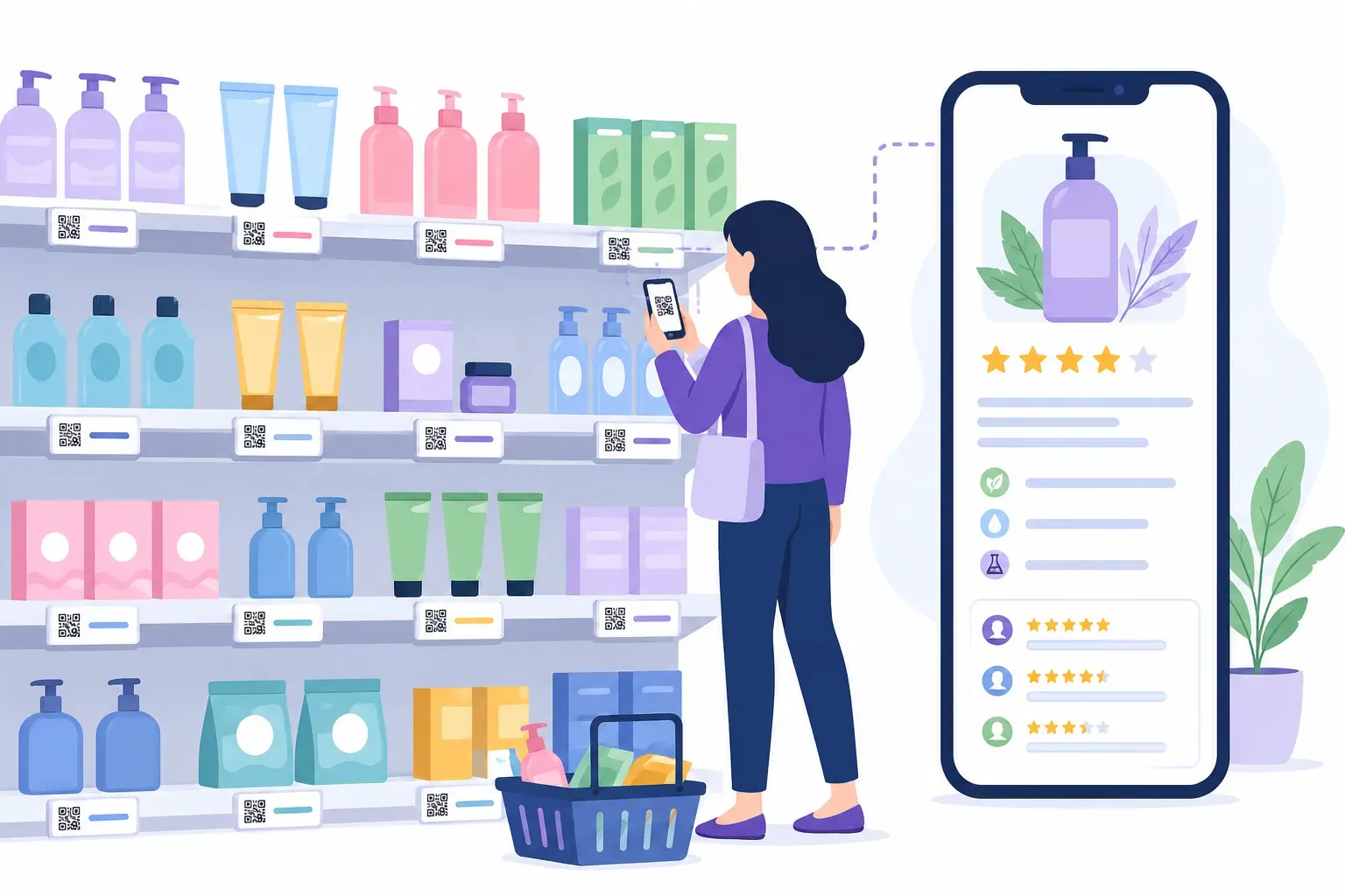Shopper scanning one of several QR codes for retail on a shelf edge to read product details