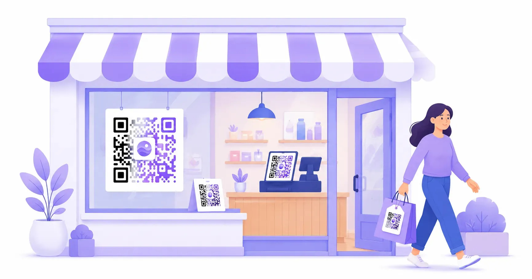 Small storefront using QR codes for small business at the window, counter, and packaging