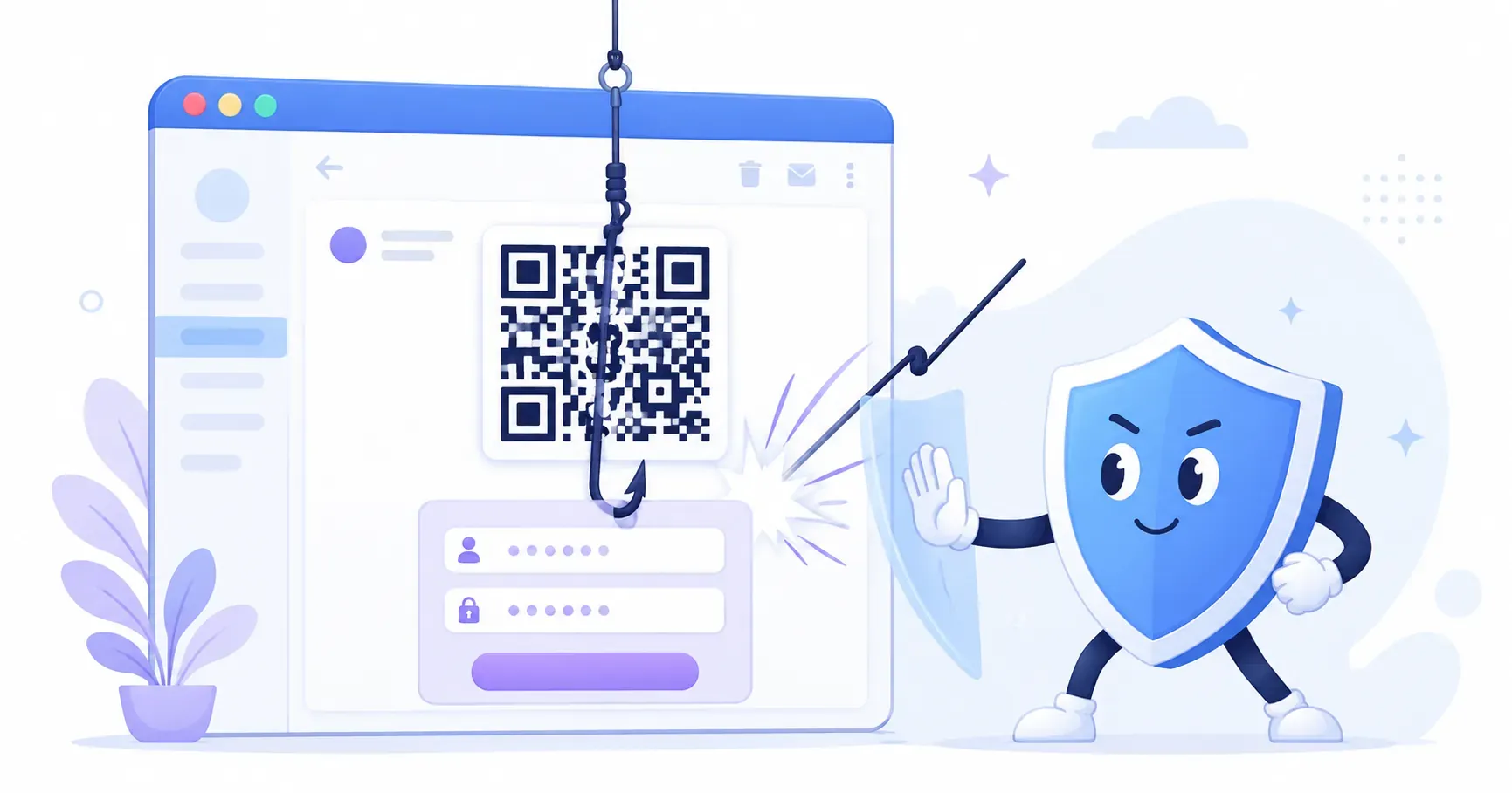 Quishing email with a hooked QR code lure being blocked before a fake login