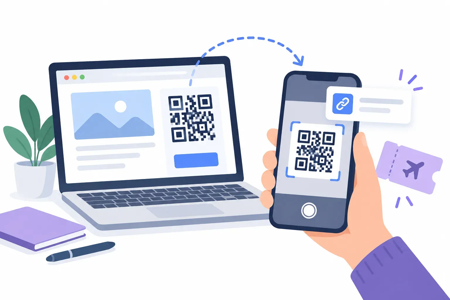 Scanning a QR code on your own screen: a phone showing a screenshot of a QR code next to a laptop decoding the same code